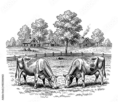 Farm scene with cows grazing near wooden fence