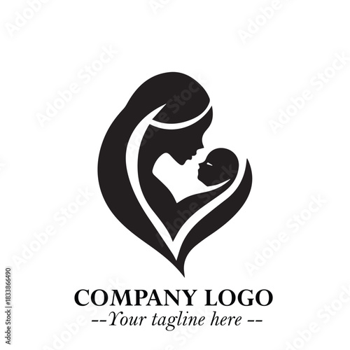 Mom and Baby Logo Symbol in Black on White Background for Gentle Minimalist Branding Design Art