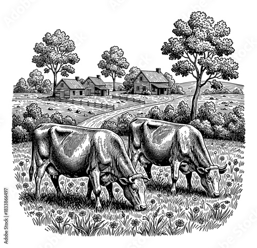 Rural farm landscape with grazing cows and houses