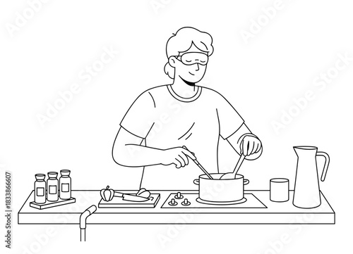 A blind man cooks in the kitchen with a pot and ingredients