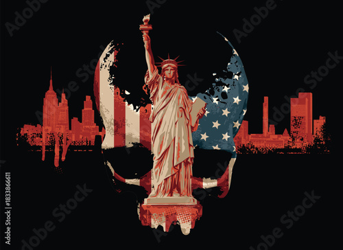 Vector human skull with United States of America flag, Statue of Liberty, New York skyscrapers in grunge style. Graphic print on theme of Apocalypse, fabric, wallpaper, t-shirt design. No ai