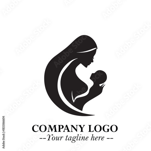 Mom and Baby Logo Symbol in Black on White Background for Gentle Minimalist Branding Design Art
