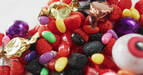 Displaying candy pile on white tabletop, showing eyeball candy, red gummies and foil chocolates
