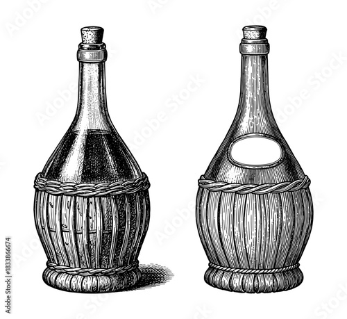 Set of vintage wine bottles in wicker baskets