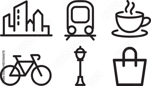 Modern city life line icons set including minimalist skyline transport hot drink bicycle street light and shopping bag