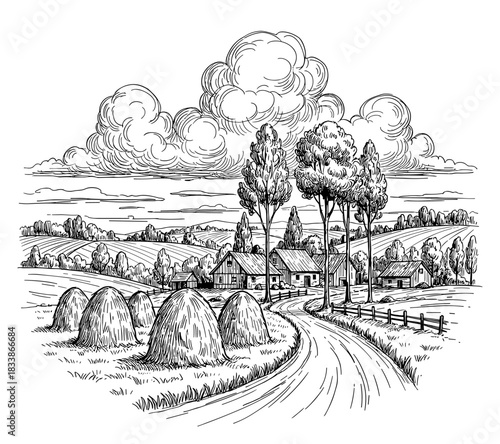 Classic farm landscape with hay bales and trees