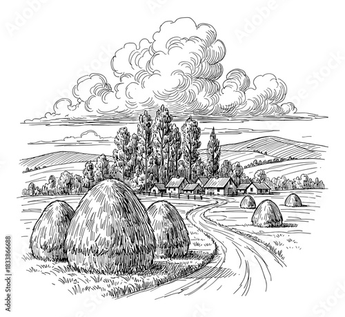 Farm scene with hay bales and village in background