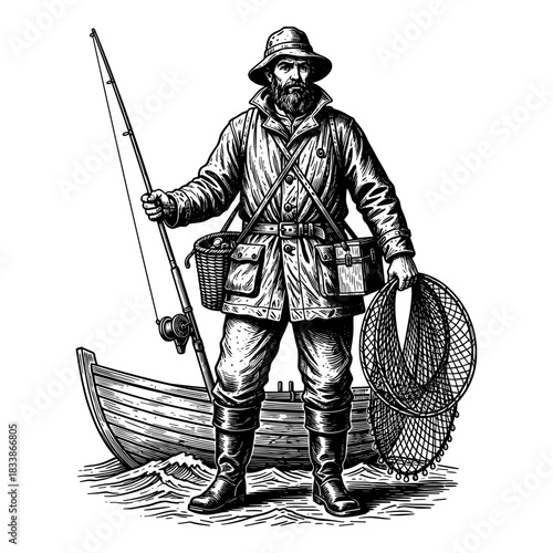 Vintage fisherman with rod, net and boat