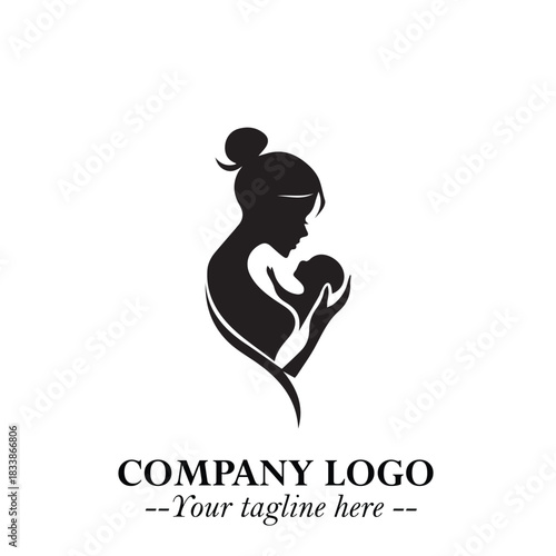Mom and Baby Logo Symbol in Black on White Background for Gentle Minimalist Branding Design Art