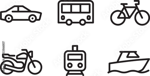 Outline icons collection of various transportation modes car bus bicycle motorcycle train and boat