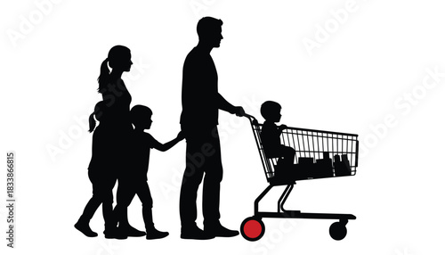 Silhouette of a family shopping father pushing a child in a shopping cart illustration isolated on white