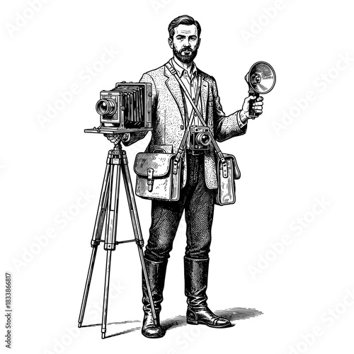 Vintage photographer with large camera and flash