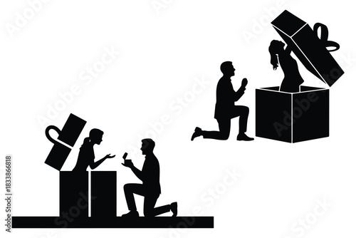 Couple proposing marriage with engagement ring from gift box