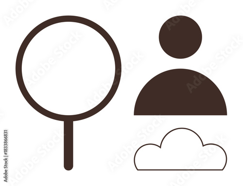 Magnifying glass, user profile, and cloud elements highlight search, analysis, data storage, and digital technology. Ideal for technology, research, cloud computing profile management innovation