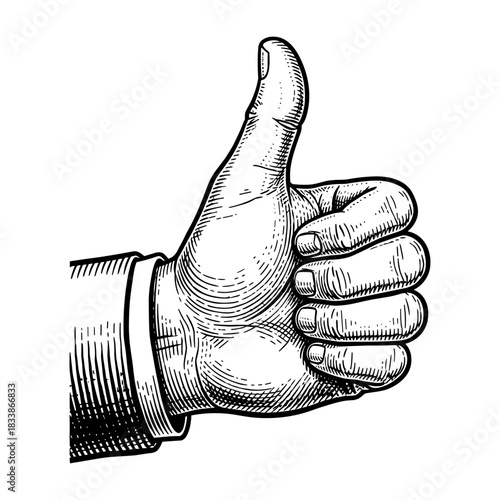 Hand giving thumbs up sign in vintage engraving style