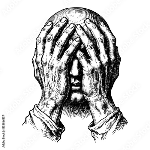 Man covering face with hands in vintage style