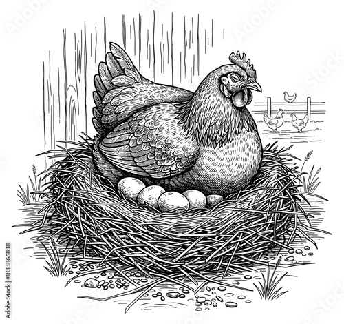Hen sitting on nest with eggs on farm