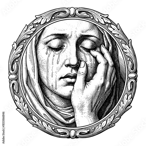 Vintage illustration of crying woman in ornate frame