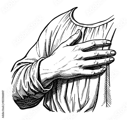 Classical figure with hand on chest line drawing