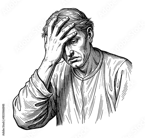 Man holding head in hand showing stress or headache