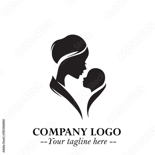 Mom and Baby Logo Symbol in Black on White Background for Gentle Minimalist Branding Design Art