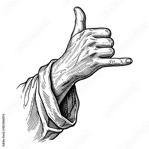 Hand making shaka sign in vintage engraving style
