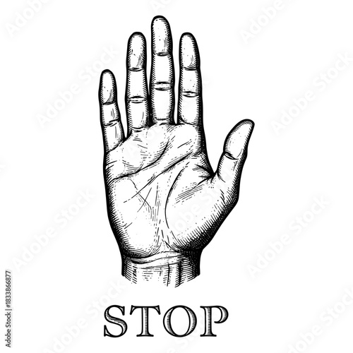 Hand with palm out and word STOP in vintage style