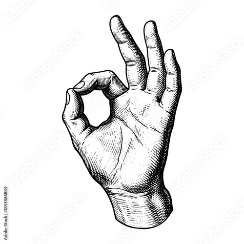 Hand making OK gesture in vintage engraving style