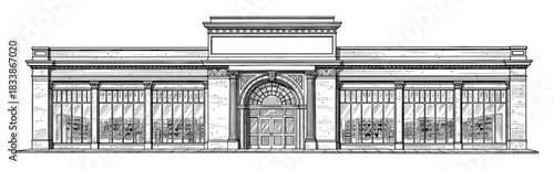 Line art of classic storefront with blank sign