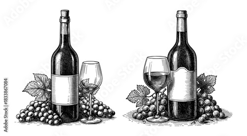 Set of wine bottle, glass and grapes in vintage style