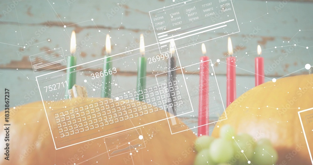 Obraz premium Showing two pumpkins sitting on wood table with lit candles, grapes, aqua backdrop, HUD overlays