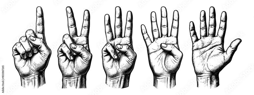 Fototapeta premium Set of hands counting from one to five in vintage style