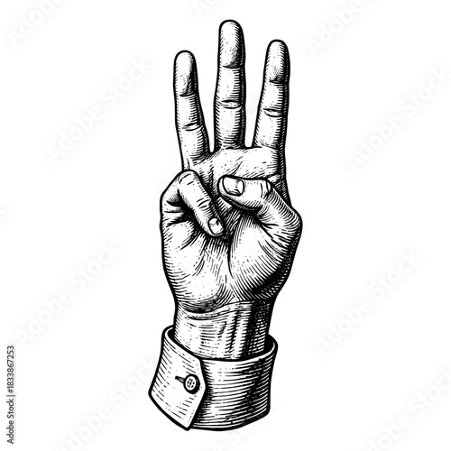 Hand showing three fingers in vintage engraving style