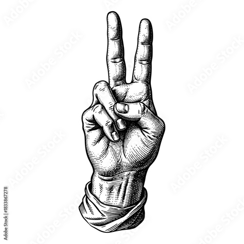 Hand showing peace sign in vintage engraving style