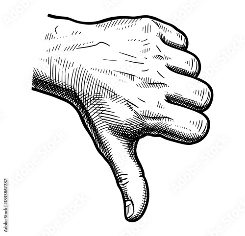 Hand showing thumbs down gesture in vintage engraving style
