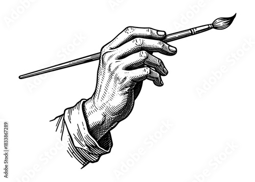 Hand holding paintbrush in vintage engraving style
