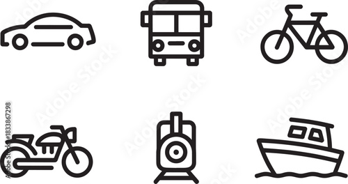Set of various transport and vehicle outline icons including car bus bicycle train and boat