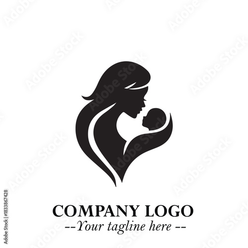 Mom and Baby Logo Symbol in Black on White Background for Gentle Minimalist Branding Design Art