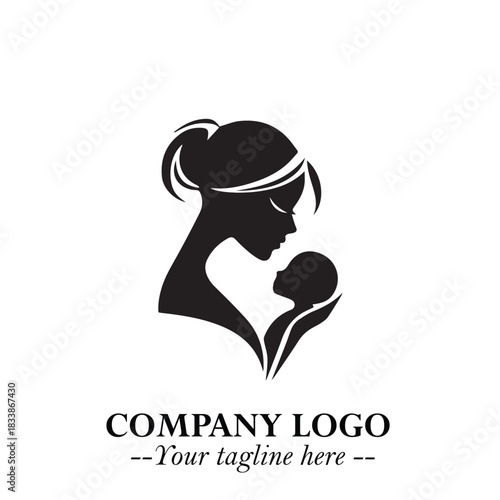 Mom and Baby Logo Symbol in Black on White Background for Gentle Minimalist Branding Design Art