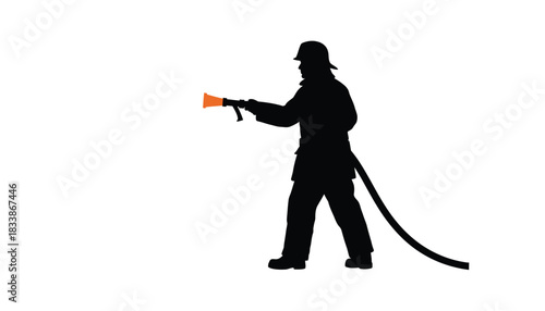Silhouette of a firefighter holding a hose spraying water isolated on white background illustration for emergency response and safety concepts