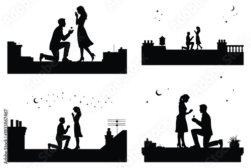 Four silhouette scenes of marriage proposals on rooftops at night
