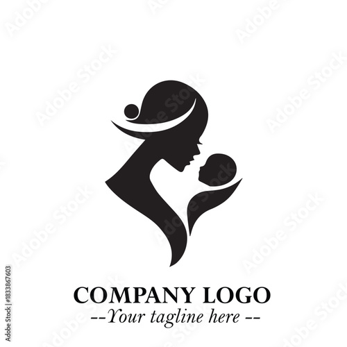 Mom and Baby Logo Symbol in Black on White Background for Gentle Minimalist Branding Design Art