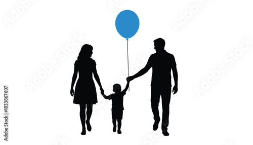Silhouette of a family walking together holding hands the child holds a blue balloon illustration isolated on white