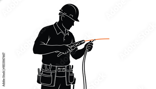 Welder silhouette wearing a hard hat and tool belt illustration for industrial safety and construction themes