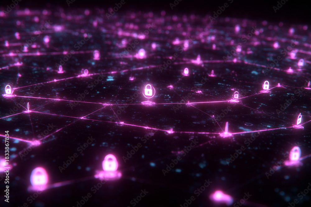 Obraz premium Futuristic cyber network grid with glowing pink security lock icons and connected nodes representing digital protection