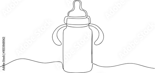 Single line drawing of baby bottle with handles feeding bottle