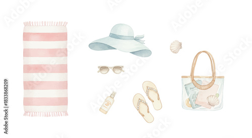 beach essentials in soft pastel tones hat, towel, flip-flops, sunscreen, and more. Perfect for summer designs, packaging, decor, and vacation-themed creative projects.