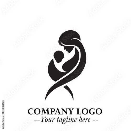 Mom and Baby Logo Symbol in Black on White Background for Gentle Minimalist Branding Design Art