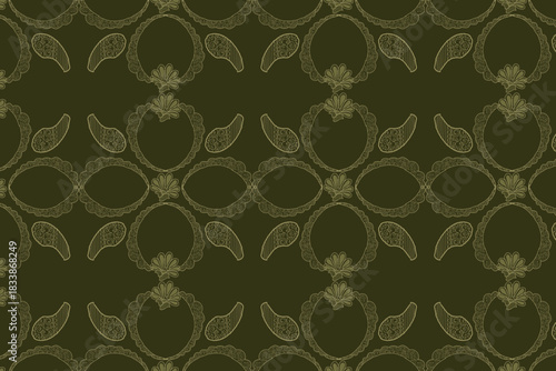 An elaborate ogee-style paisley pattern in deep olive green with metallic gold detailing, suited for luxury wallpapers and rich, sophisticated textiles.
