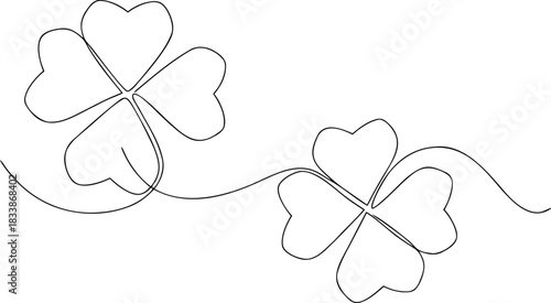 Two continuous line drawing four leaf clovers luck
